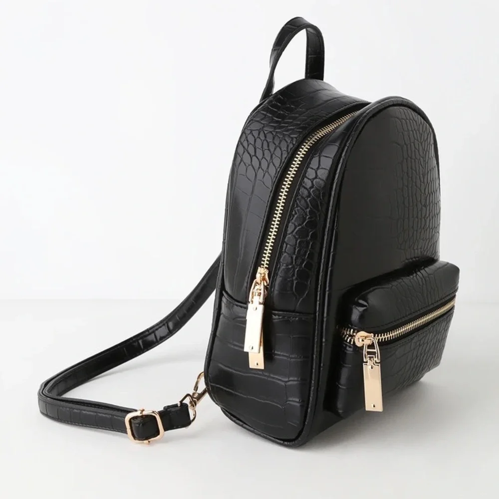 NWOT Lulus Getting Places Black Crocodile Embossed Mini Backpack - Picture 3 of 13